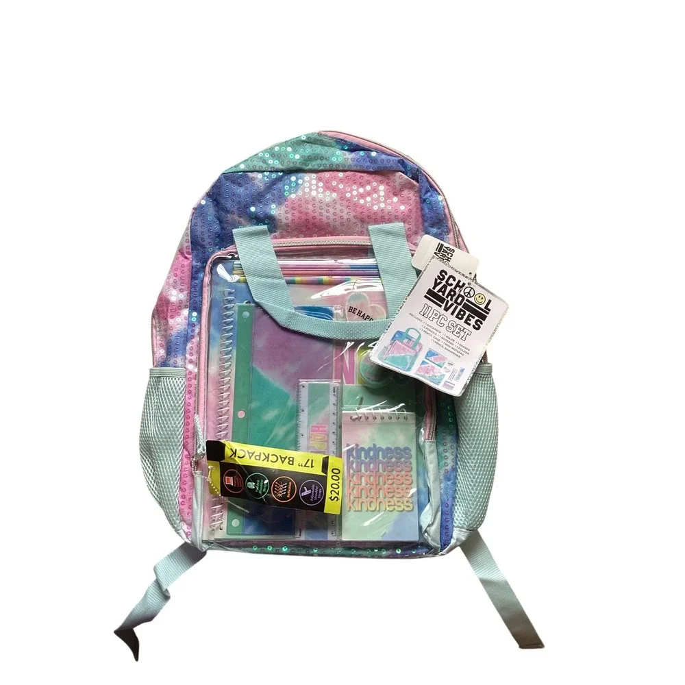 Schoolyard Vibes 11 Piece Backpack Set 17 Inch Sequin Tie Dye Pastel Kids School